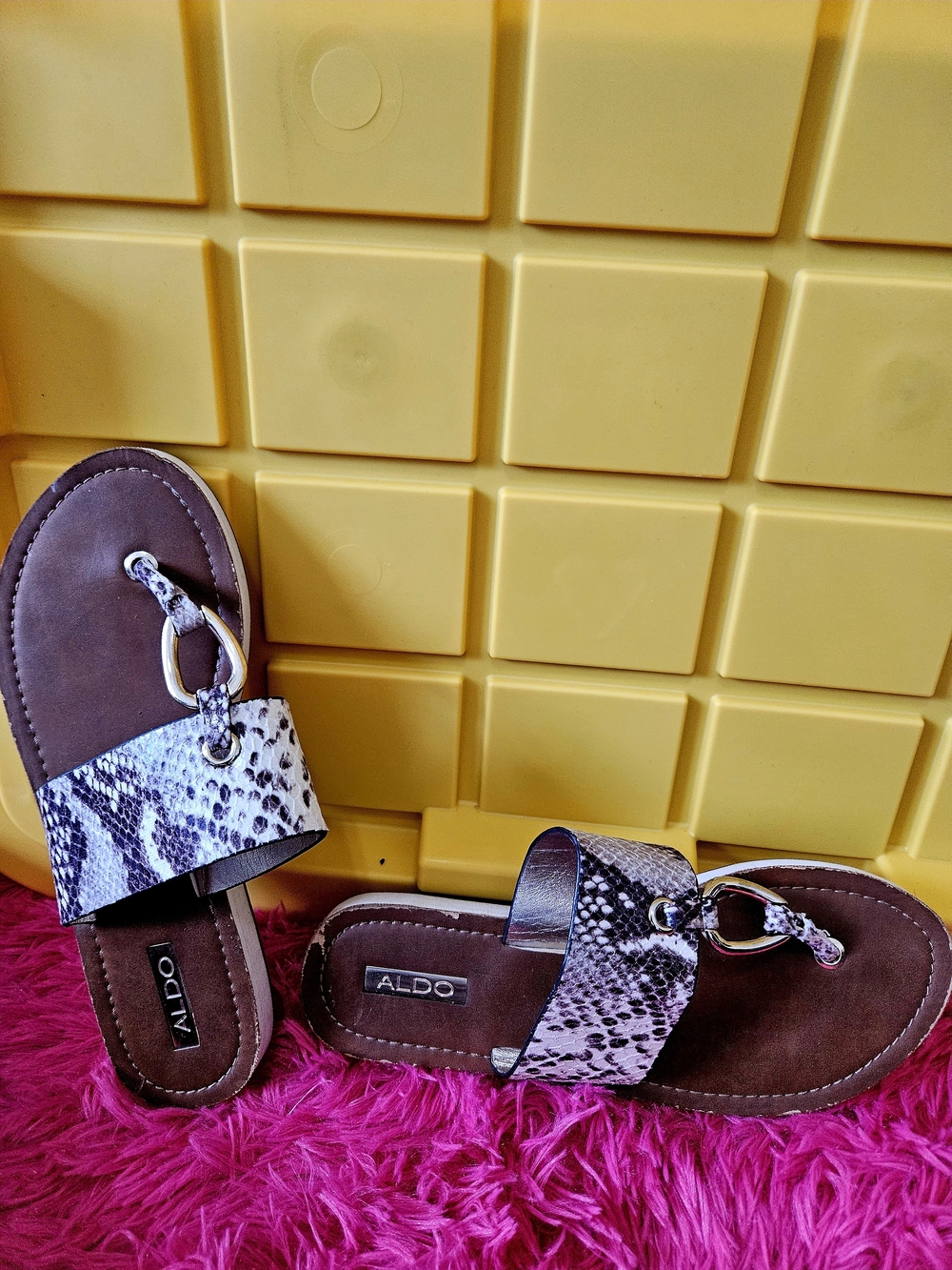 ALDO Brown Snake-Print Slide Sandals with Metal Ring Detail